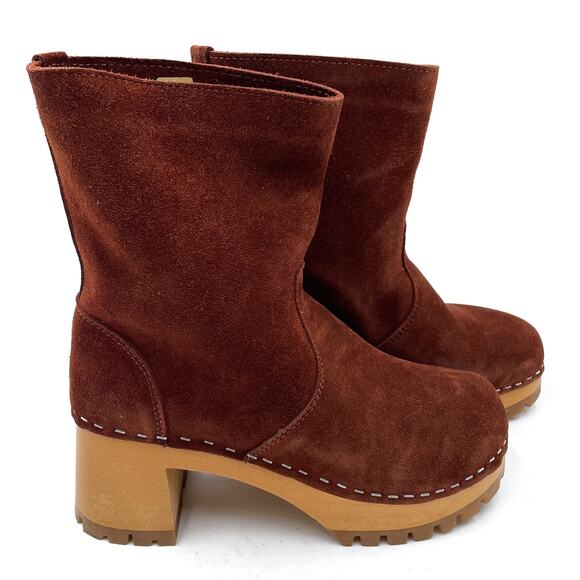 Swedish Hasbeens Suede Teddy Boots Platform Cognac Block Heel Pull On Sz 37 / 7 - Picture 2 of 10